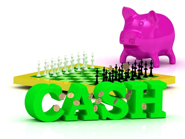 CASH palavra brilhante, dinheiro, rosa porquinho, xadrez amarelo — Fotografia de Stock