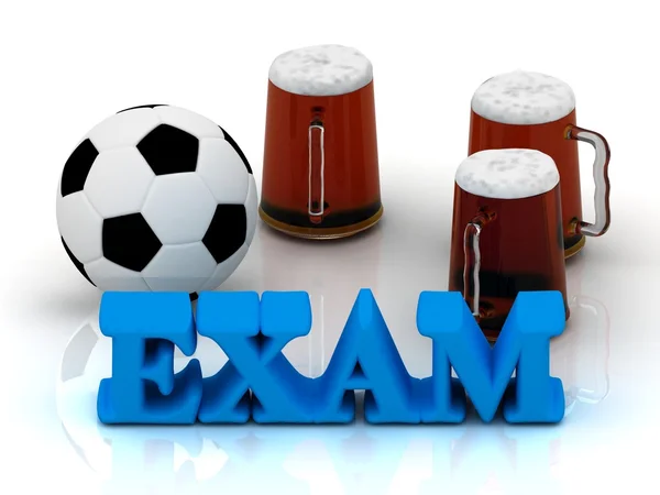Examen heldere word, voetbal, 3 cup bier op — Stockfoto