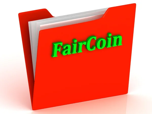 FairCoin- bright green letters on red paperwork folder — Stock Photo, Image