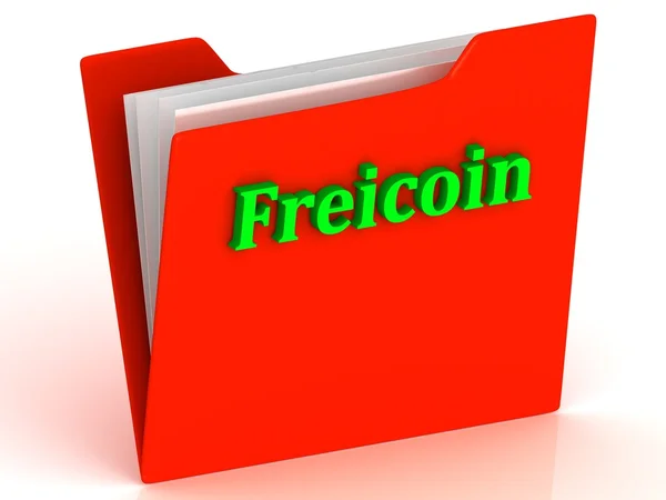Freicoin - litere verzi strălucitoare pe dosarul de documente roșii — Fotografie, imagine de stoc