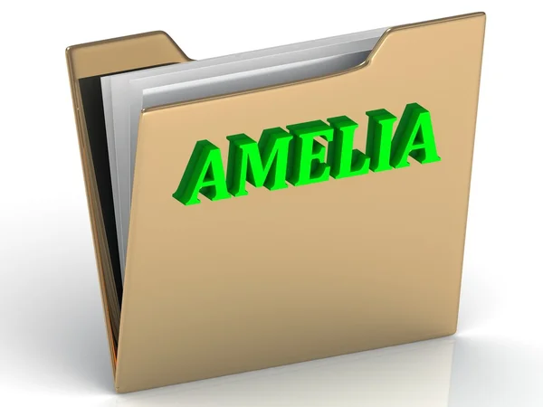 Amelia- leuchtend grüne Buchstaben auf Goldpapiermappe — Stockfoto