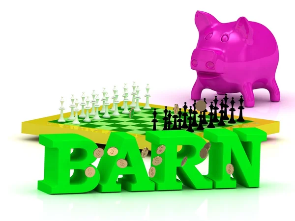 BARN palabra brillante, dinero, cerdito rosa, ajedrez amarillo — Foto de Stock