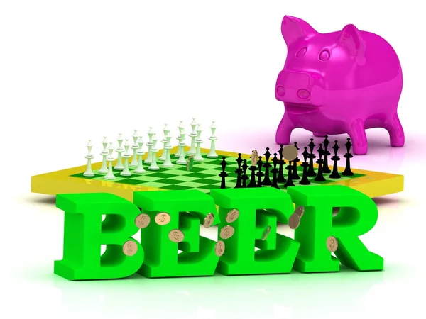 BEER palavra brilhante, dinheiro, rosa porquinho, xadrez amarelo — Fotografia de Stock
