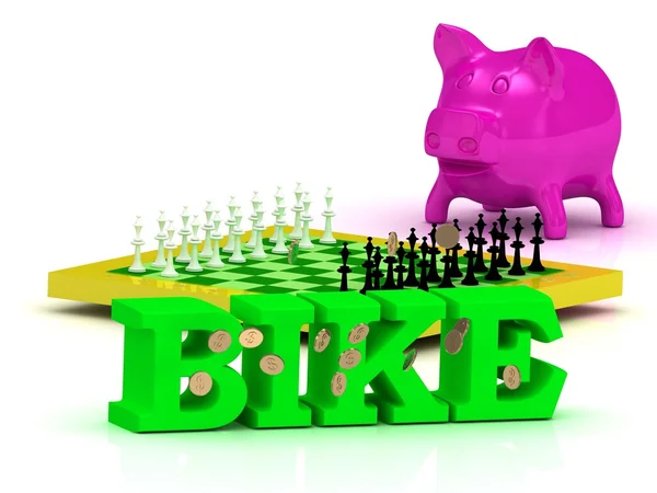 Φωτεινό λέξη ποδήλατο, χρήματα, ροζ γουρουνάκι, κίτρινο σκάκι — Φωτογραφία Αρχείου