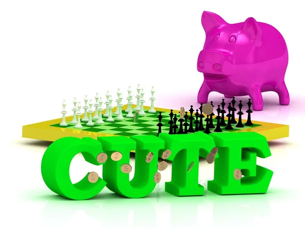 Schattig heldere word, geld, roze piggy, gele Schaken — Stockfoto