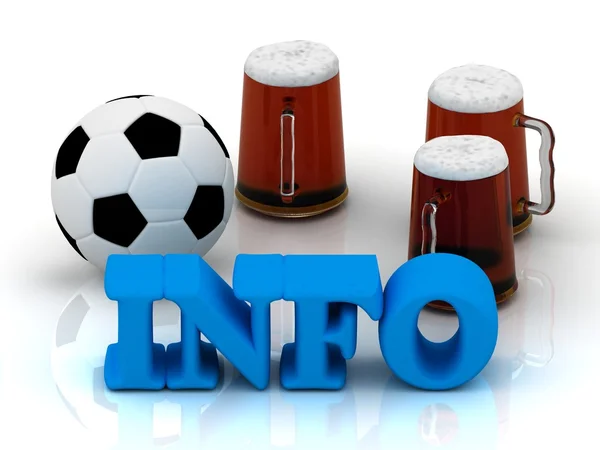Informacji niebieski jasny wyraz, piłka nożna, 3 szklanki piwa — Zdjęcie stockowe