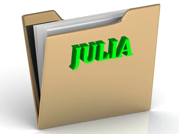 Julia- leuchtend grüne Buchstaben auf Goldpapiermappe — Stockfoto