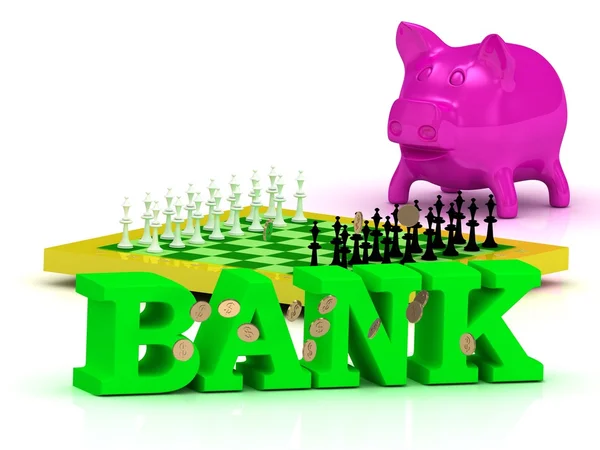 Τράπεζα φωτεινά λέξη, χρήματα, ροζ γουρουνάκι, κίτρινο σκάκι — Φωτογραφία Αρχείου
