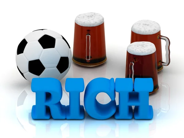 RICH blue bright word, football, 3 cup beer — Stock Photo, Image