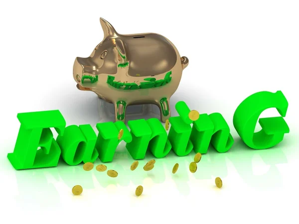 EARNING AND PIGGY - bright green letters and money — Stock Photo, Image