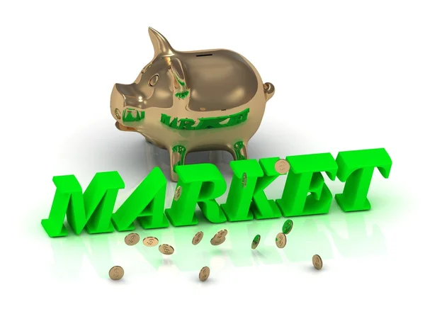 Piac - felirat, fényes zöld levelek, és arany malacka — Stock Fotó