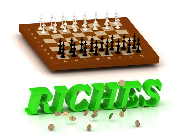 RICHES- inscripción de letras verdes y ajedrez en — Foto de Stock