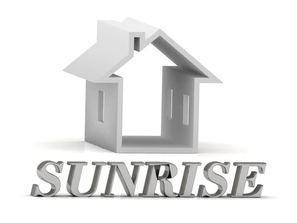 SUNRISE- inscripción de letras de plata y casa blanca — Foto de Stock