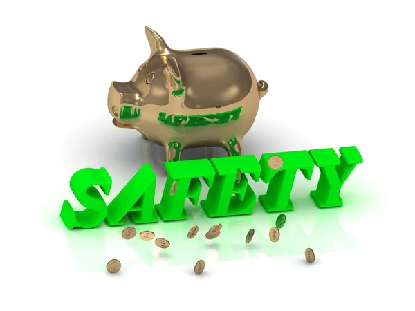 SAFETY- inscription of green letters and gold Piggy — Stock Photo, Image