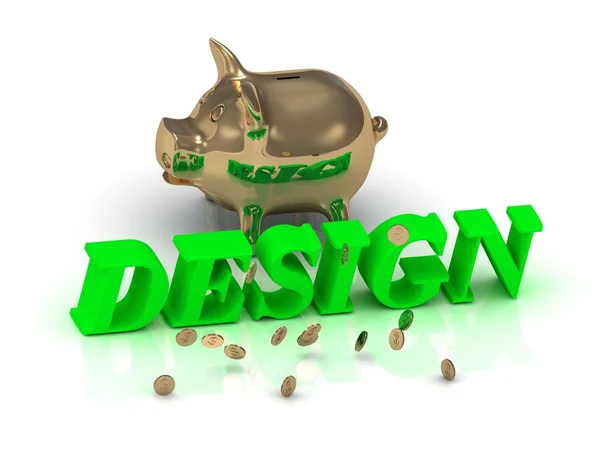 DESIGN- inscription of green letters and gold Piggy — Stock Photo, Image