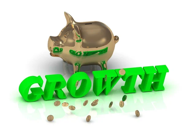 GROWTH- надпись из зеленых букв и золотой свинки — стоковое фото