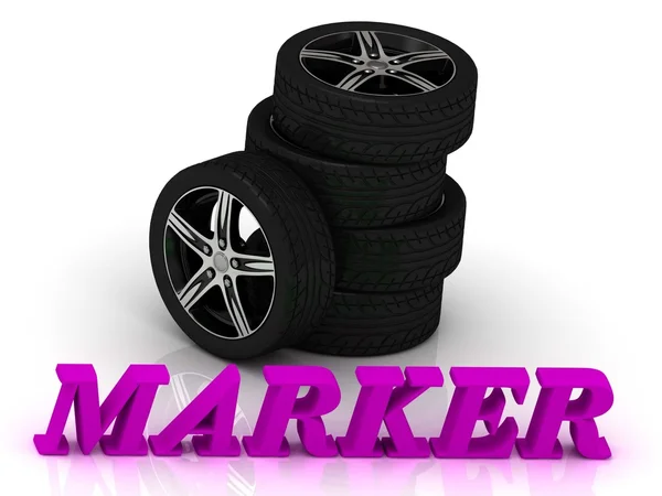 Markör - ljusa bokstäver och fälgar maskin svart hjul — Stockfoto