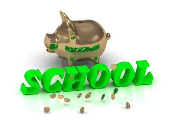 School-inscriptie van groene letters en goud Piggy — Stockfoto