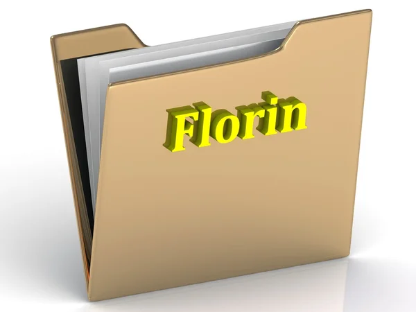 Ο Φλορίν - φωτεινό χρώμα γράμματα σε ένα χρυσό φάκελο — Φωτογραφία Αρχείου