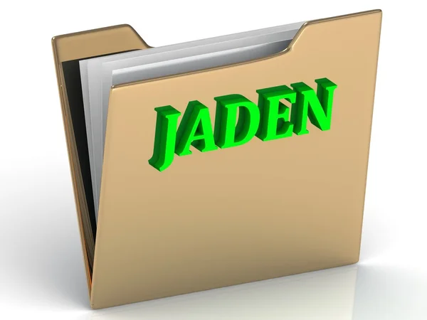 Jaden - naam en familie heldere letterswhite backgjaden - helder groene letters op gouden papierwerk op goud — Stockfoto