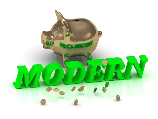 Modern-inscriptie van groene letters en goud Piggy — Stockfoto