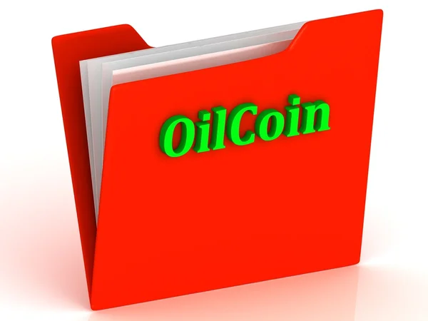 OilCoin ตัวอักษรสีเขียวสดใสบนโฟลเดอร์เอกสารสีแดง — ภาพถ่ายสต็อก