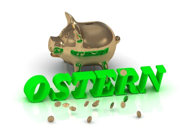 Ostern-inscriptie van groene letters en goud Piggy — Stockfoto