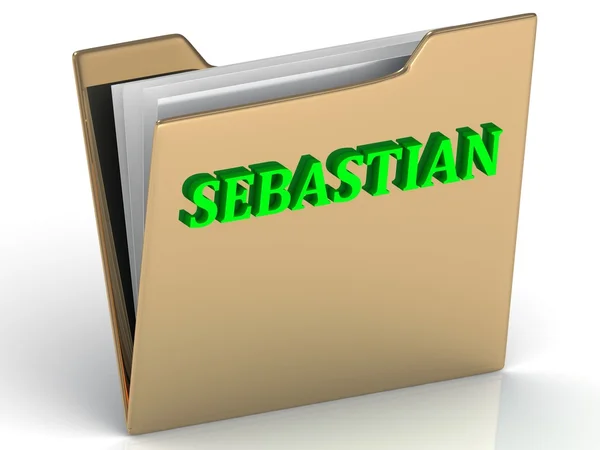 SEBASTIAN- bright green letters on gold paperwork folder — Stock Photo, Image