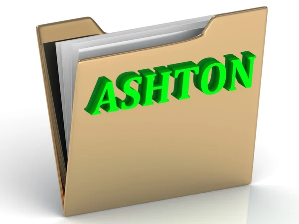 ASHTON- lettres vert vif sur dossier de paperasse or — Photo