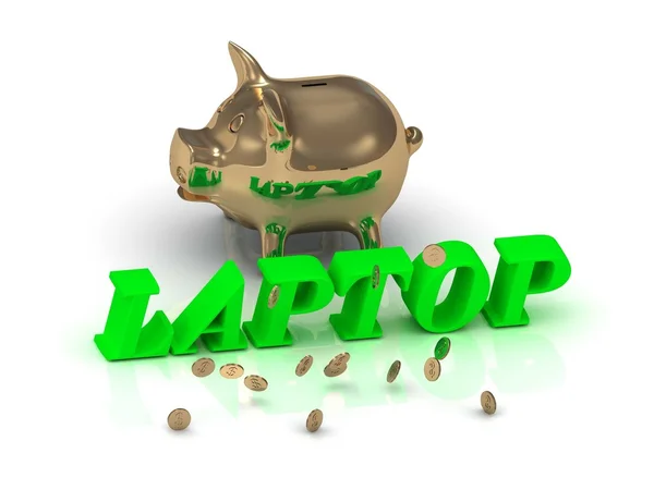 Laptop napis zielone litery i złota Piggy — Zdjęcie stockowe