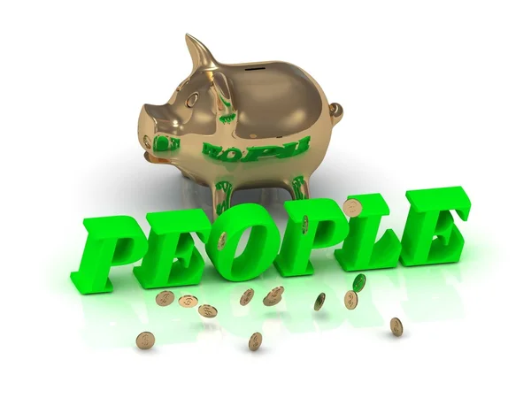 PEOPLE- надпись из зеленых букв и золотой свинки — стоковое фото