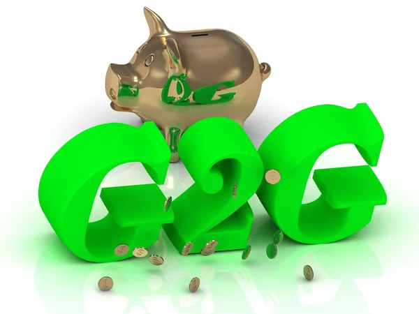 G2G - inscrição de letras verdes brilhantes e porquinho dourado — Fotografia de Stock