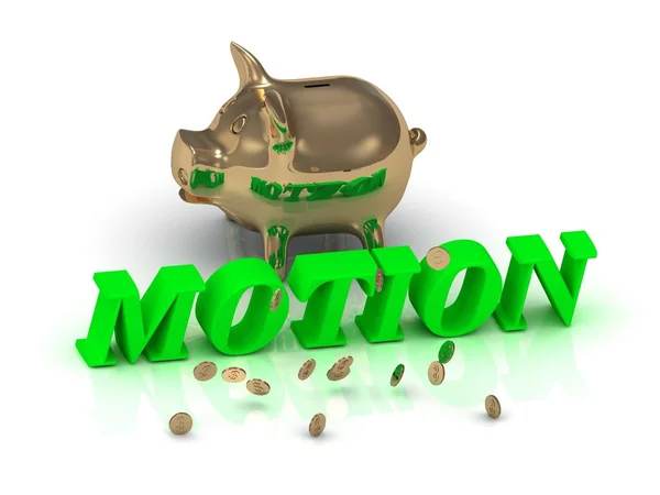 MOTION- inscription of green letters and gold Piggy — Stock Photo, Image