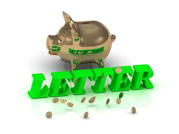 LETTER- надпись из зеленых букв и золотой свинки — стоковое фото