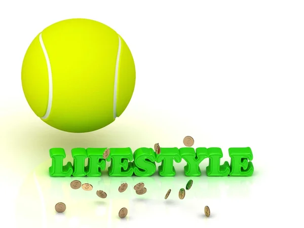 Lebensstil - leuchtend grüne Buchstaben, Tennisball, Goldgeld — Stockfoto