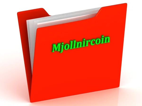 Mjollnircoin- ярко-зеленые буквы на красной папке бумаги — стоковое фото