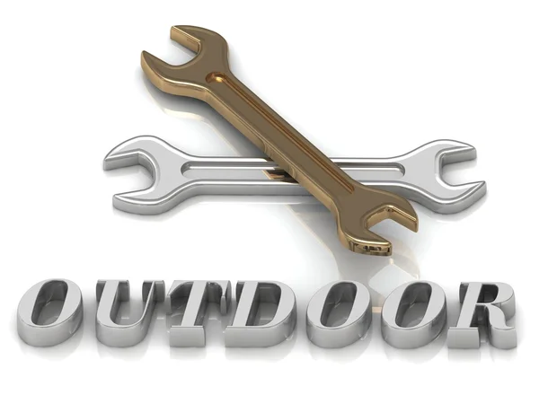 OUTDOOR- inscription of metal letters and 2 keys — Stock Photo, Image