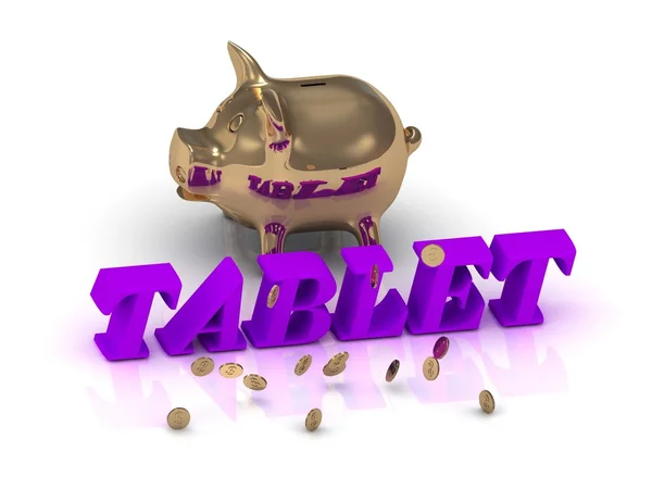 TABLET- inscription of green letters and gold Piggy — Stock Photo, Image