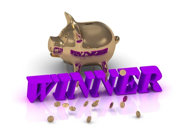 Zwycięzca napis zielone litery i złota Piggy — Zdjęcie stockowe