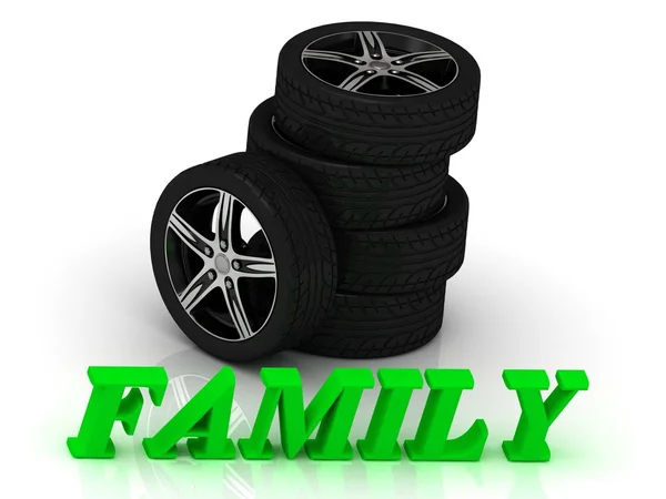 FAMILY- яскраві літери і обідки пюре чорні колеса — стокове фото