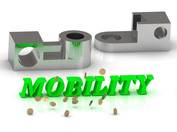 Mobilitás-szavak színes betűk és ezüst részletek — Stock Fotó