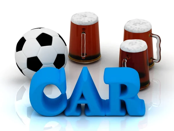 Auto heldere word, voetbal, 3 cup bier op — Stockfoto