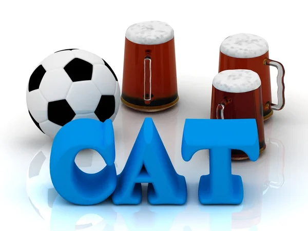 Heldere word, voetbal, 3 cup bier kat op — Stockfoto