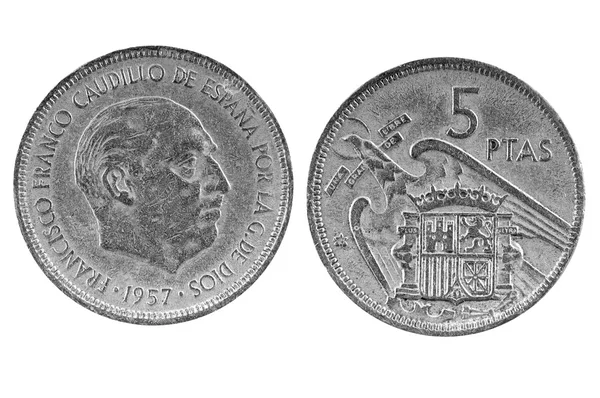 Old Spanish coin of 5 pesetas.1957 — Stock fotografie