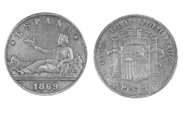 Staré španělské mince na bílém pozadí roku 1869 — Stock fotografie