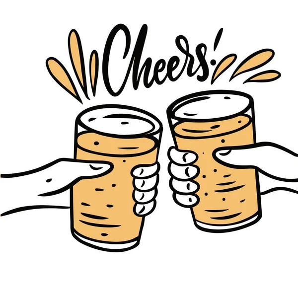 Twee biermokken, Cheers zin. Handgetekende vectorillustratie. — Stockvector