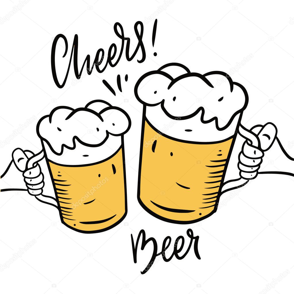 Cheers Beer. Hand drawn vector illustration isolated on white background.