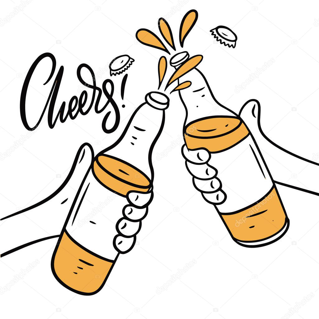 Cheers drink beer bottles in hands. Vector illustration isolated on white background.