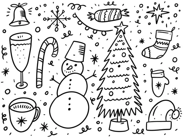 Christmas holiday doodle elements set. Black ink.