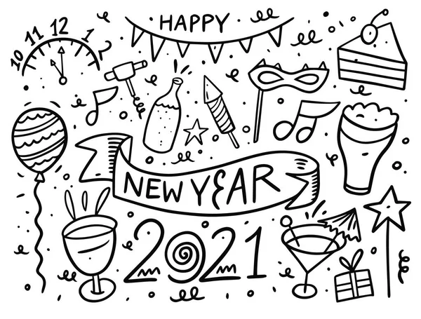 Feliz año nuevo doodle elementos establecidos. Tinta negra. Ilustración vectorial. — Archivo Imágenes Vectoriales